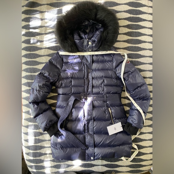 NWT UGG Valerie Navy belted down hooded parka sheep fur collar women’s size M - Picture 10 of 16